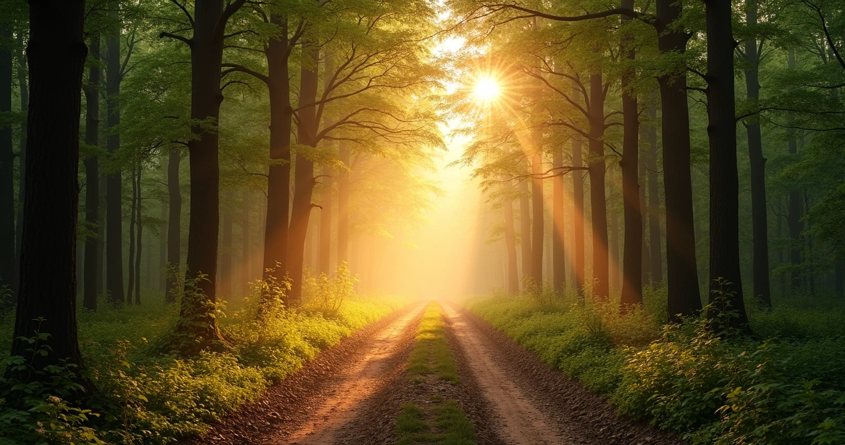 Caminho dividido em dois em bosque calmo ao amanhecer