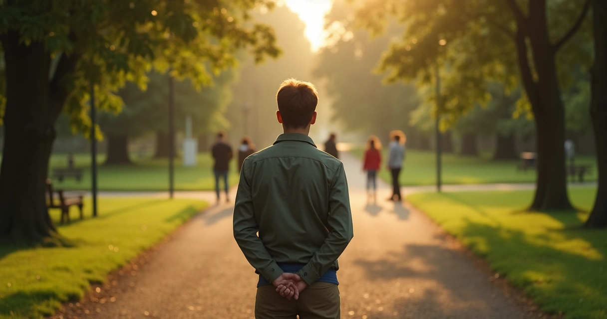 Pessoa parada diante de dois caminhos em parque silencioso 