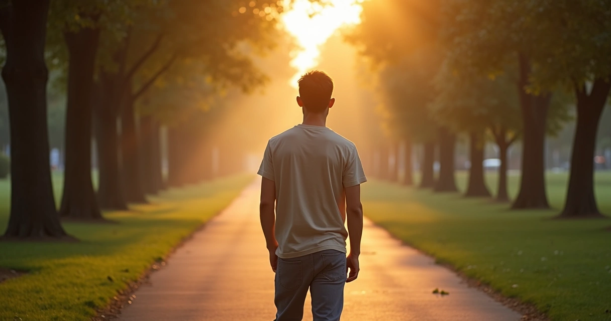 Pessoa diante de dois caminhos em parque ao amanhecer