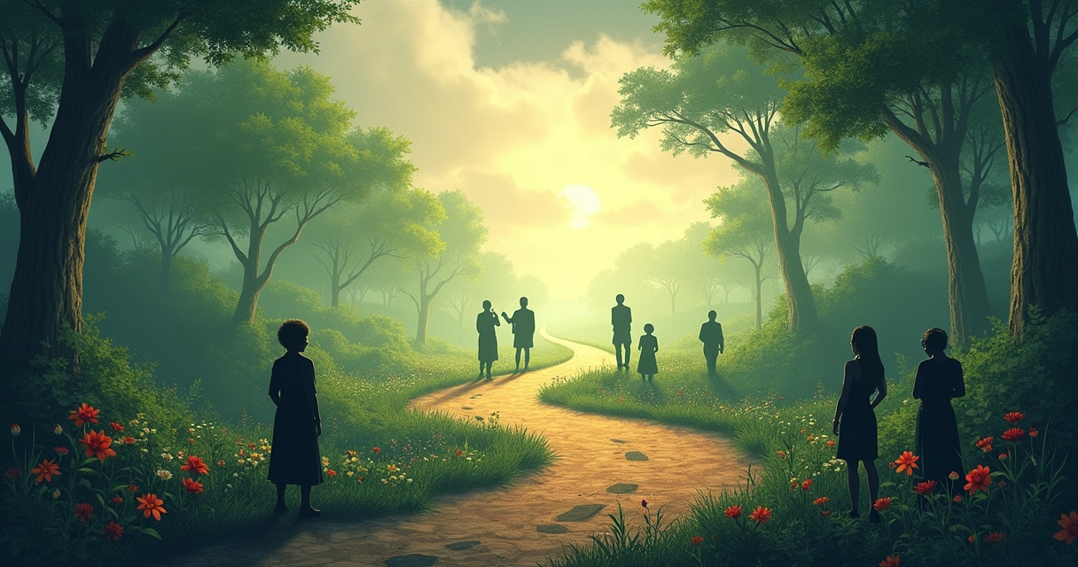 Uma cena etérea mostrando duas trilhas em uma floresta, simbolizando a história kármica e escolhas de vida.