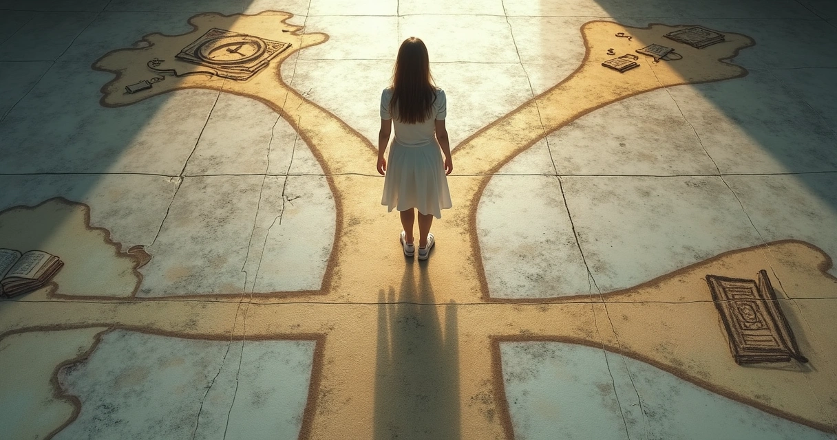 Mulher parada diante de caminhos internos desenhados no fundo