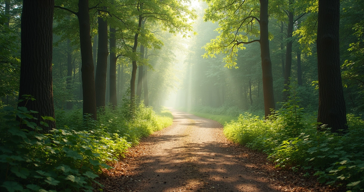 Caminho dividido em três direções em uma floresta com luz suave 