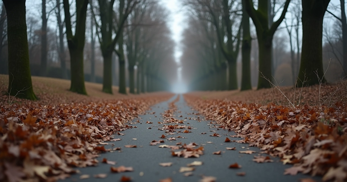Caminho coberto de folhas secas entre árvores em um dia nublado.