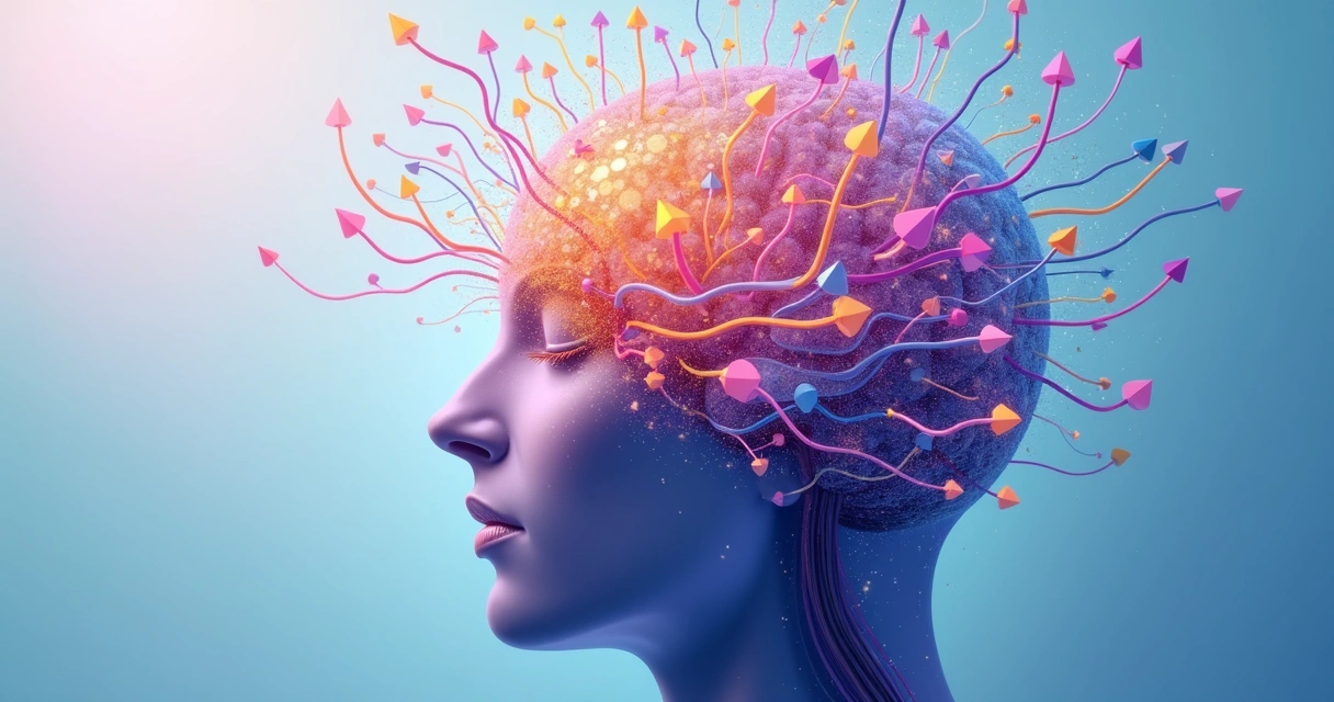 Desenho abstrato representando caminhos mentais, com setas coloridas interligadas 