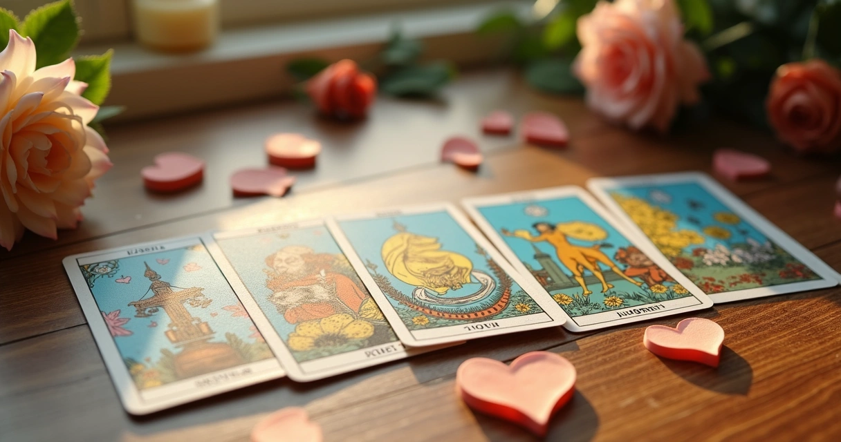 Cartas de tarot mostrando caminhos e corações sobre uma mesa clara 