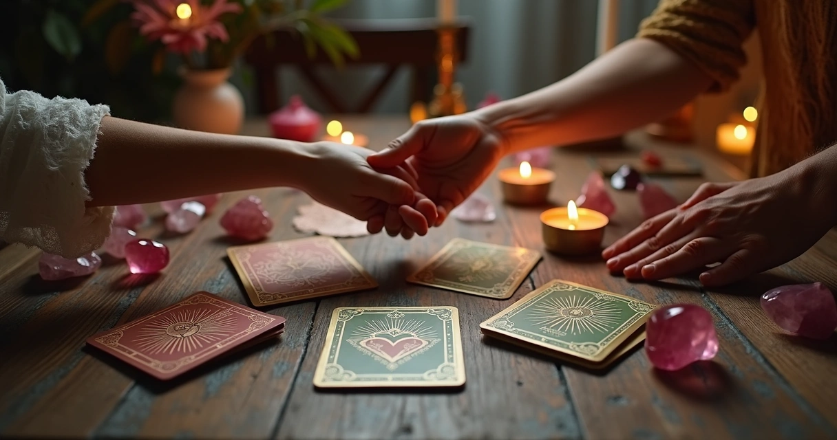 Cartas de tarot, cristais coloridos e mãos femininas em ritual de reconciliação amorosa 