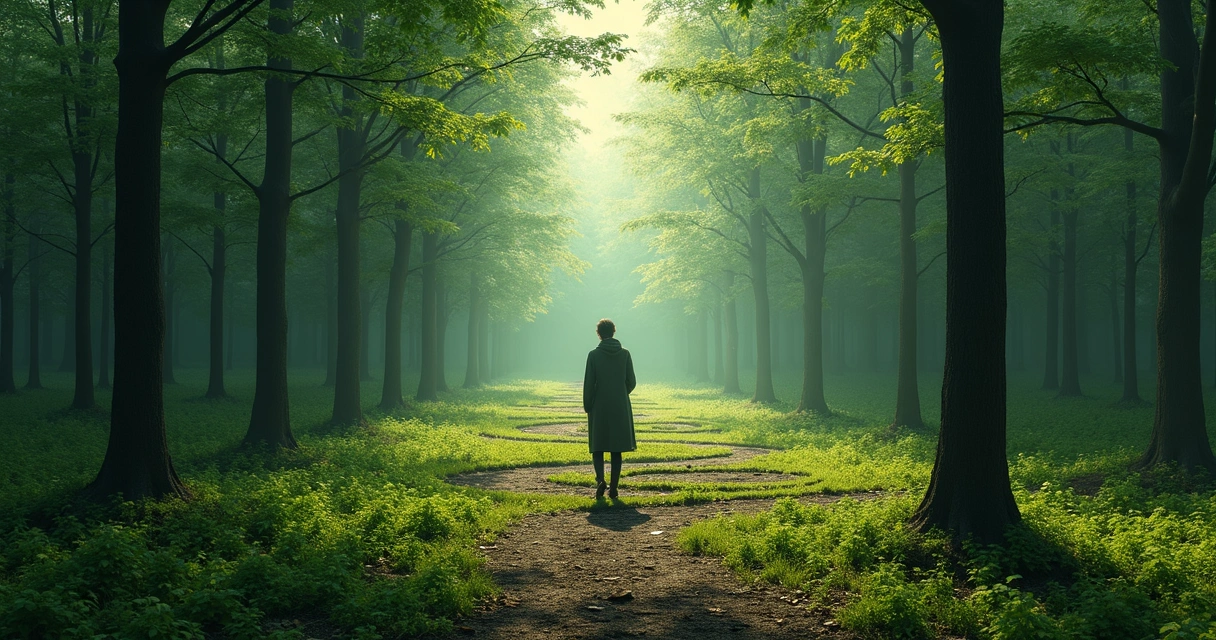 Pessoa caminhando em uma floresta com vários caminhos circulares entre as árvores