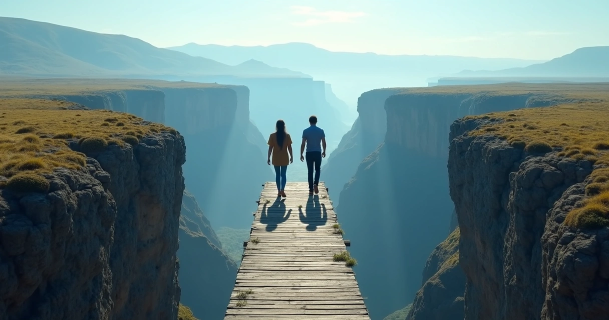 Duas pessoas caminhando por uma ponte de madeira, conectando dois lados diferentes de um penhasco, céu azul ao fundo
