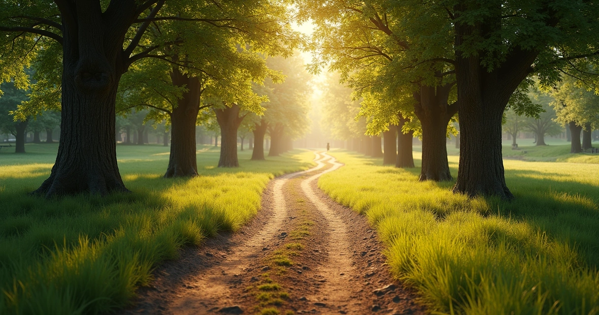 Trilhas de terra que se cruzam em meio à natureza com árvores e luz suave 
