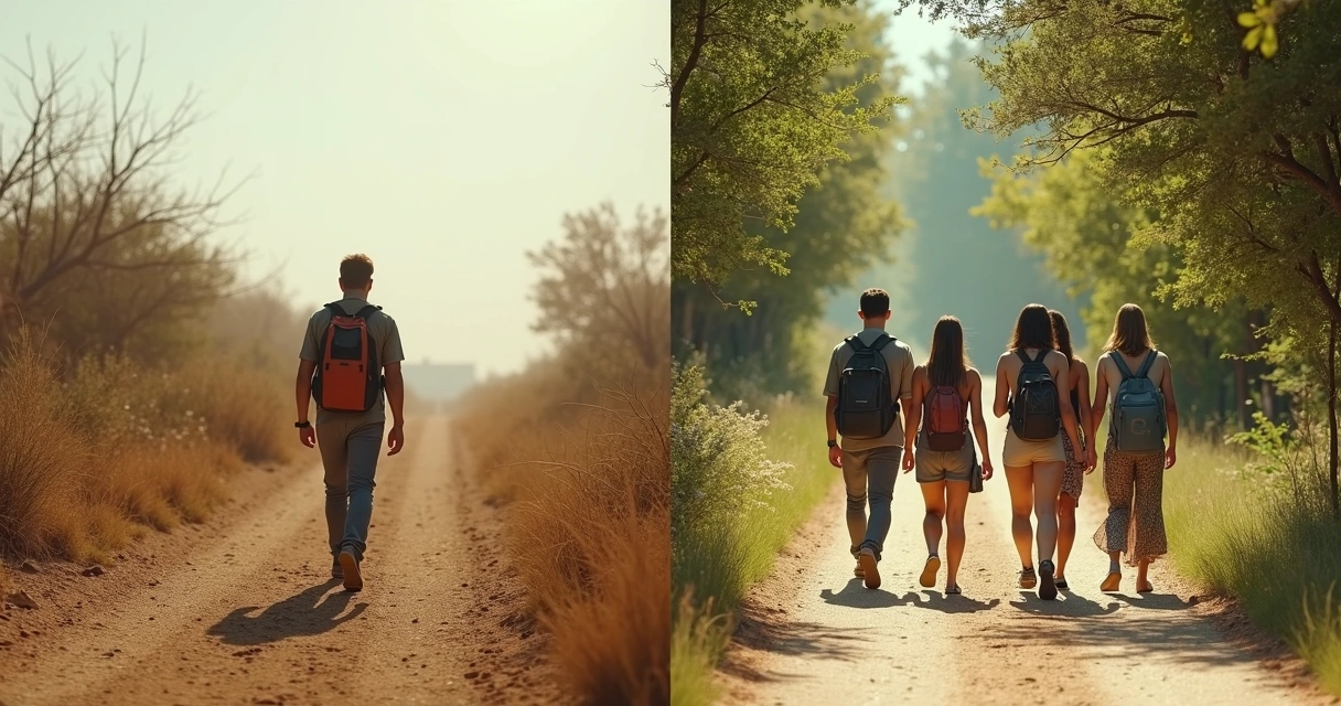 Pessoa caminhando só em uma trilha de terra, e outra cena mostrando várias pessoas juntas em um caminho compartilhado. 