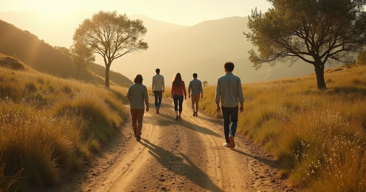 Caminhos entrelaçados com pessoas caminhando em diferentes direções 