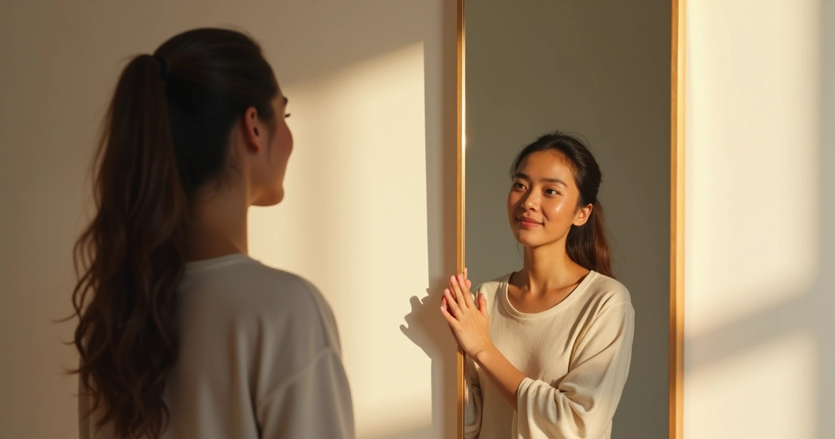 Persona observando su reflejo positivo en un espejo
