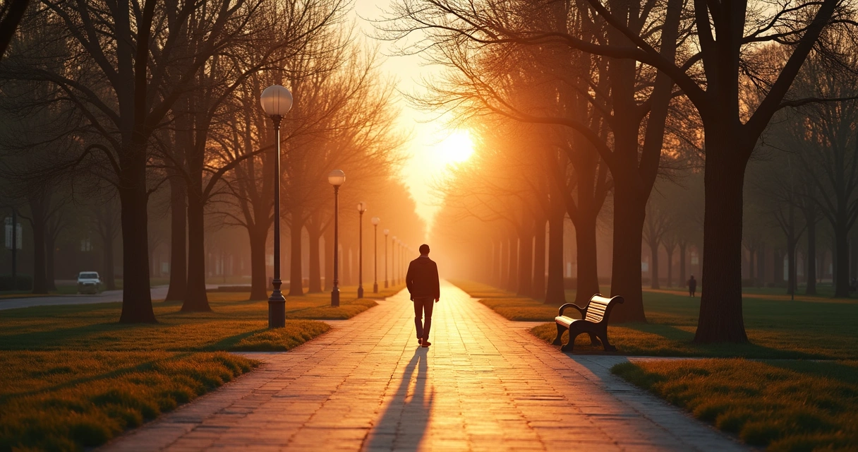 Camino peatonal al atardecer con una persona caminando sola