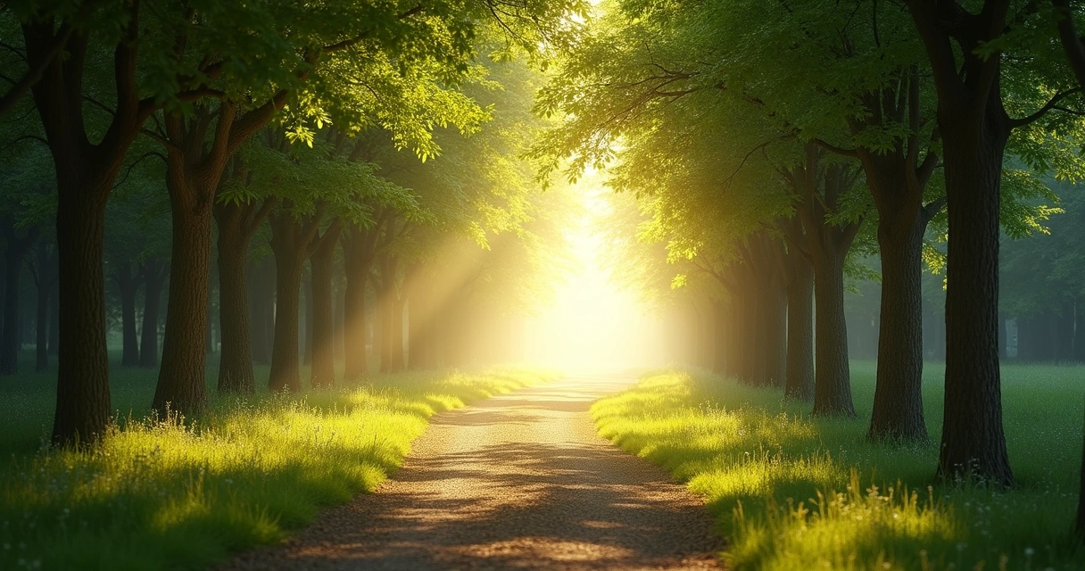 Sendero entre árboles que se abre hacia la luz, simbolizando un camino de evolución personal.