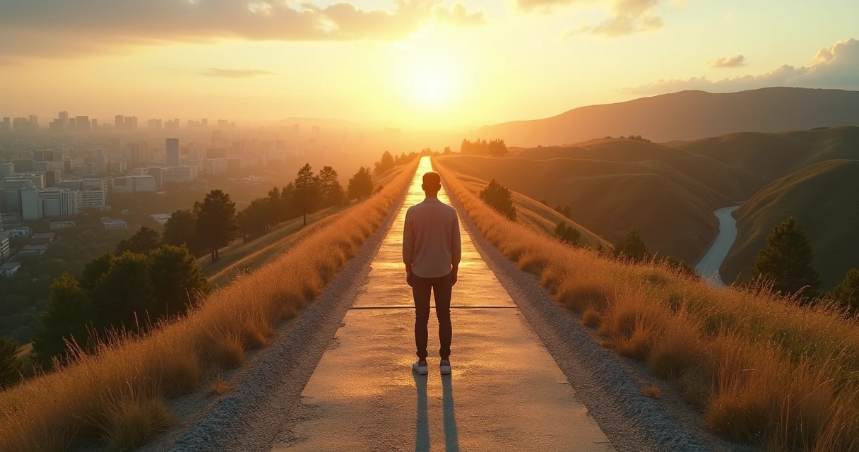 Persona en una encrucijada entre un camino gris de conformismo y uno luminoso de autenticidad 