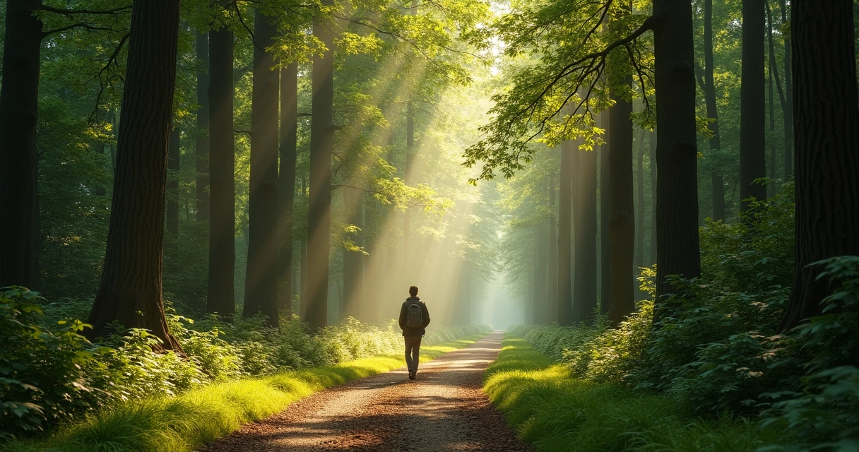 Persona camina por un sendero en bosque con luz cálida y aspecto sereno 