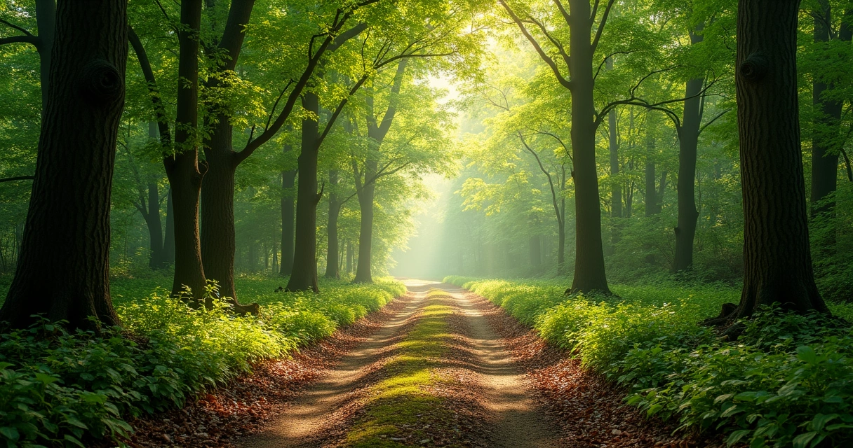 Camino tranquilo rodeado de árboles, símbolo de camino interior y autocompasión