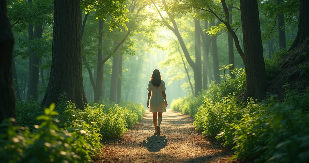 Persona caminando en un sendero rodeado de naturaleza, representando el autoconocimiento y el cambio interno 