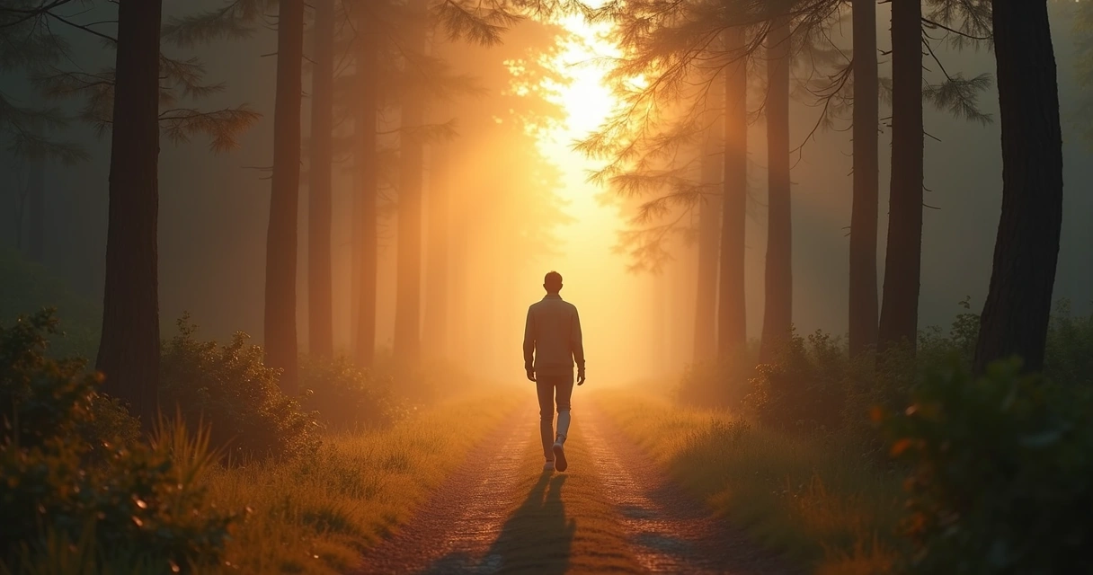 Persona caminando sola por sendero arbolado en luz de amanecer