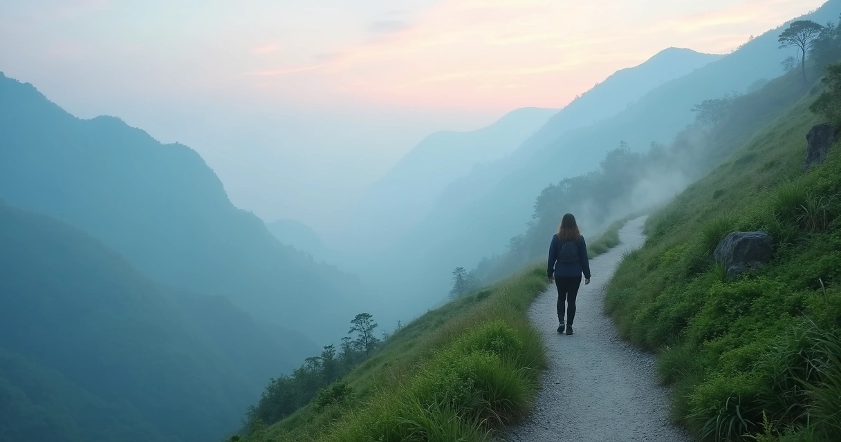 Persona caminando sola por un sendero de montaña con niebla ligera 