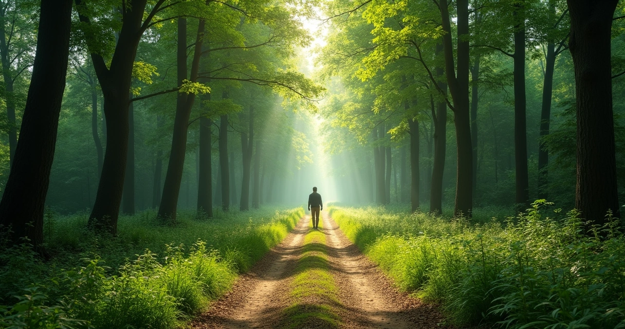 Sendero en la naturaleza con una persona caminando entre árboles verdes