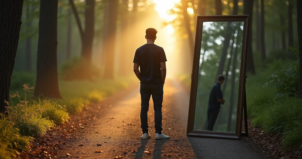 Persona en un cruce de caminos frente a su sombra y su reflejo en un espejo 