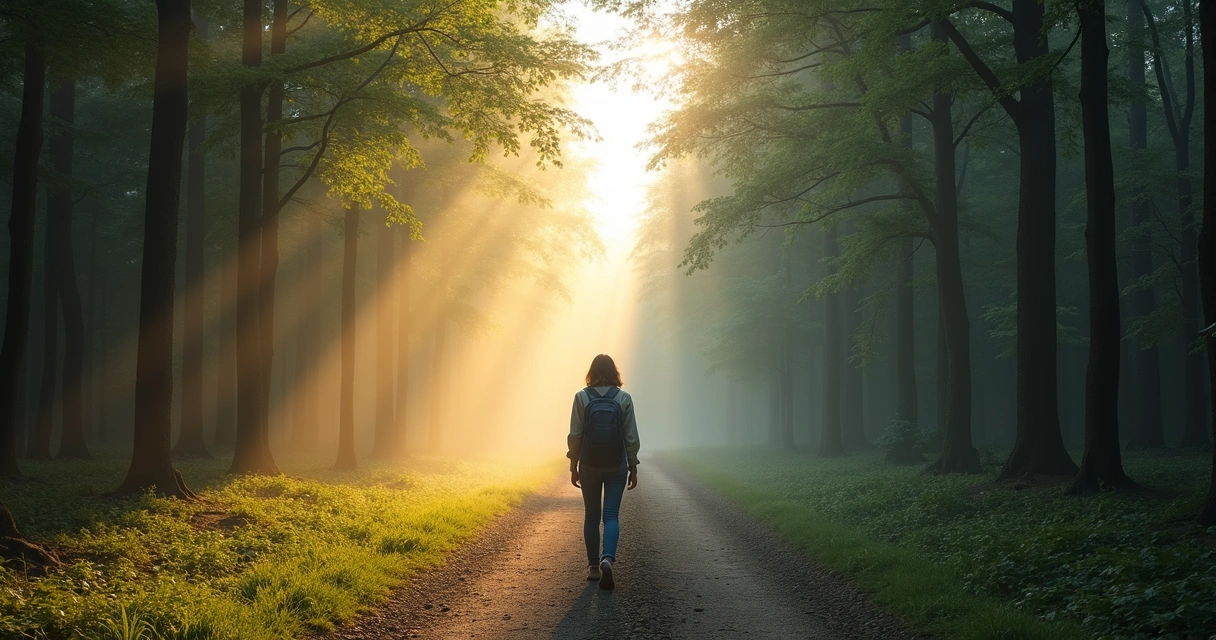 Persona camina por un sendero que se bifurca entre luz suave y niebla oscura 