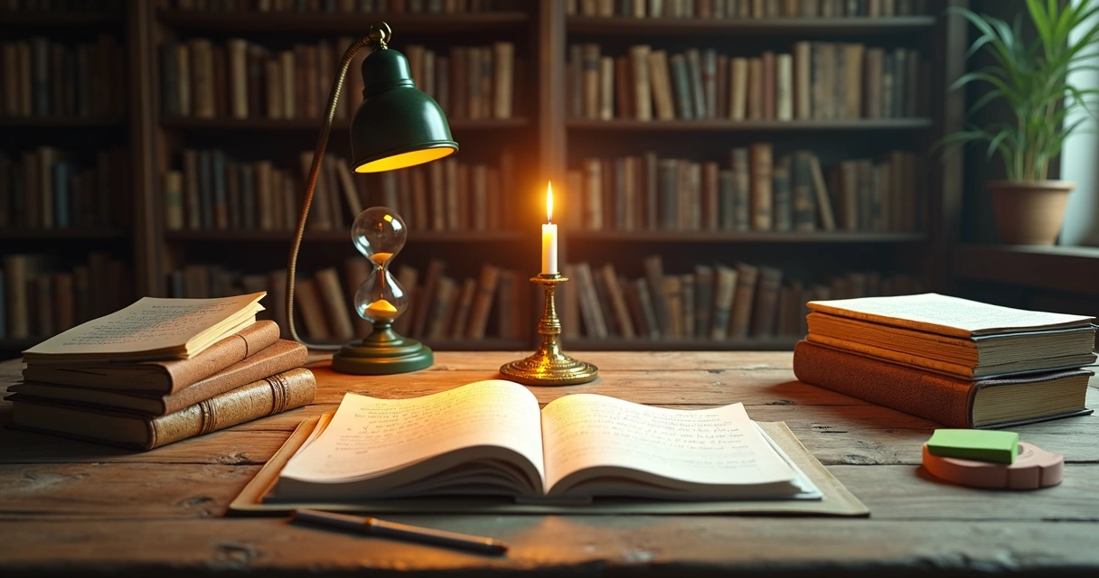 Camino curvo que separa una biblioteca antigua y una mesa con cuadernos y lápices 