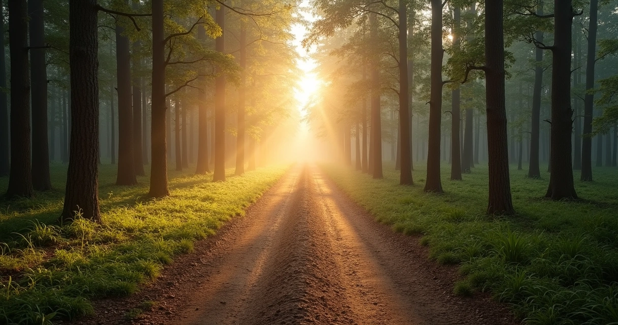 Camino de tierra con una bifurcación entre árboles al amanecer 