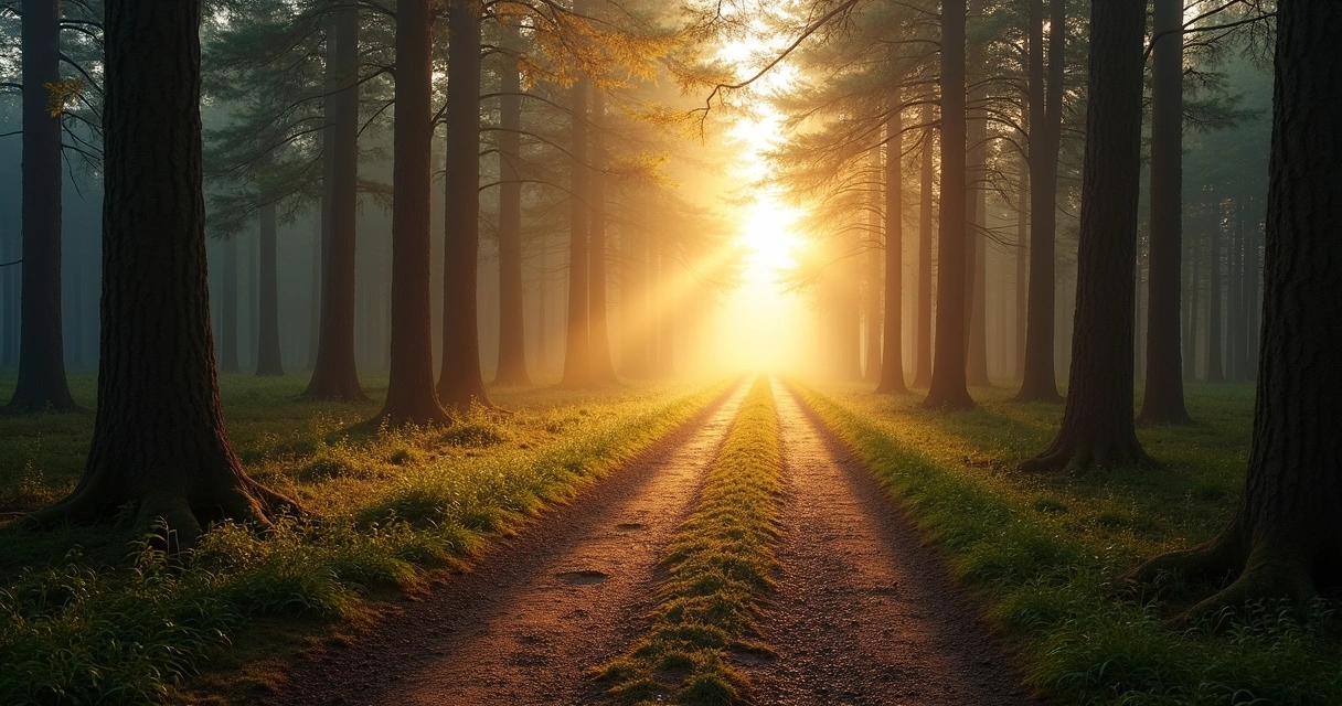 Camino con bifurcación en un bosque iluminado al amanecer 