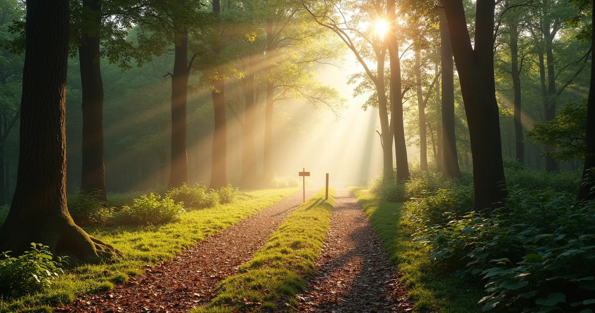 Camino dividido en un bosque iluminado por luz suave de la mañana
