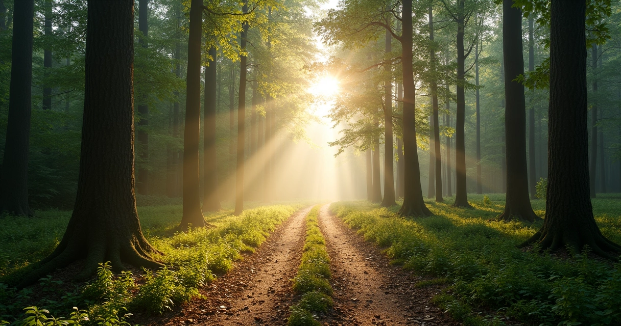 Camino dividido en un bosque con luz suave al amanecer 