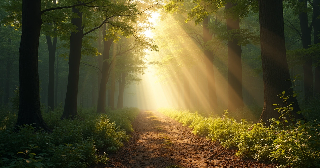 Camino en bifurcación en un bosque iluminado por luz suave 