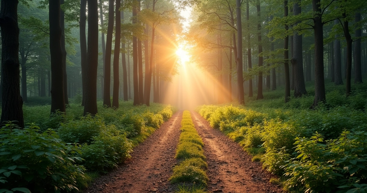 Camino dividido en un bosque con luz al fondo 