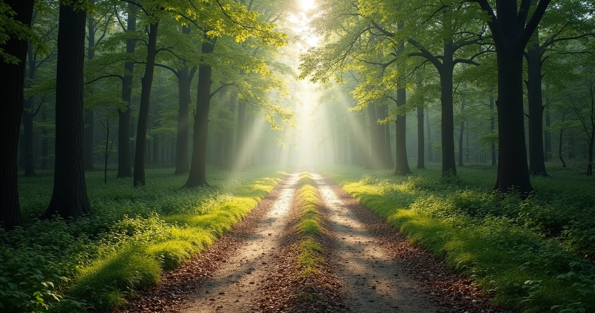 Bifurcación de dos caminos en un bosque con luz suave al fondo