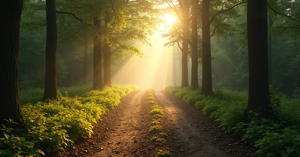 Camino con una bifurcación en un bosque iluminado por el sol