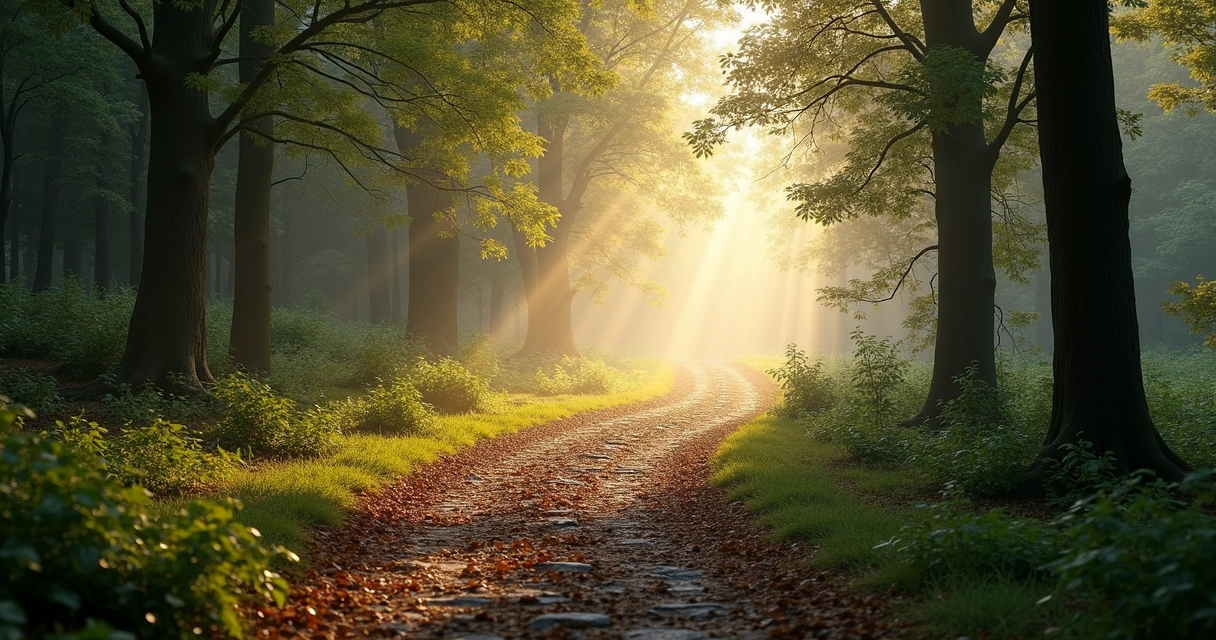 Sendero en un bosque con una bifurcación iluminada por luz suave 