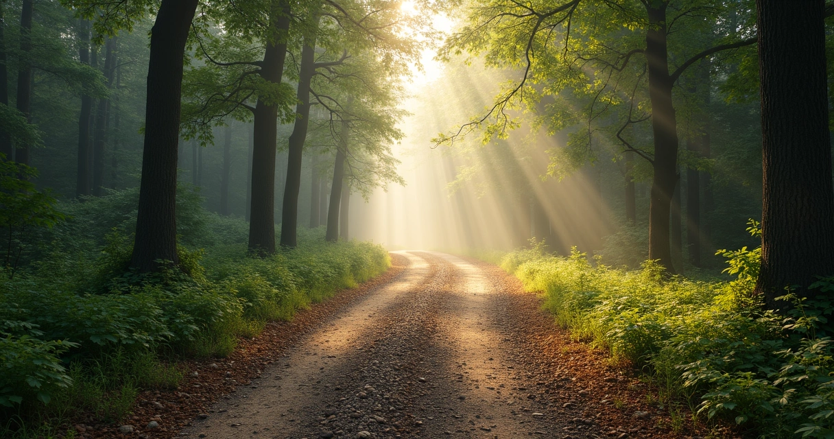 Camino con bifurcación en un bosque iluminado por la mañana