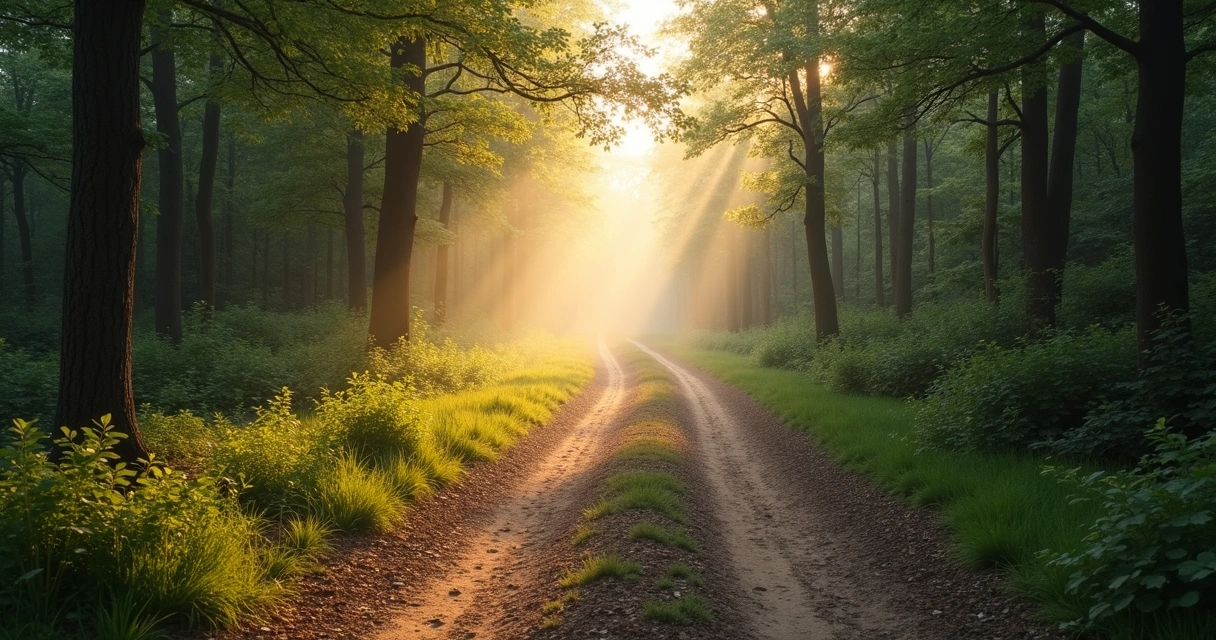 Camino con bifurcación en un bosque al amanecer 