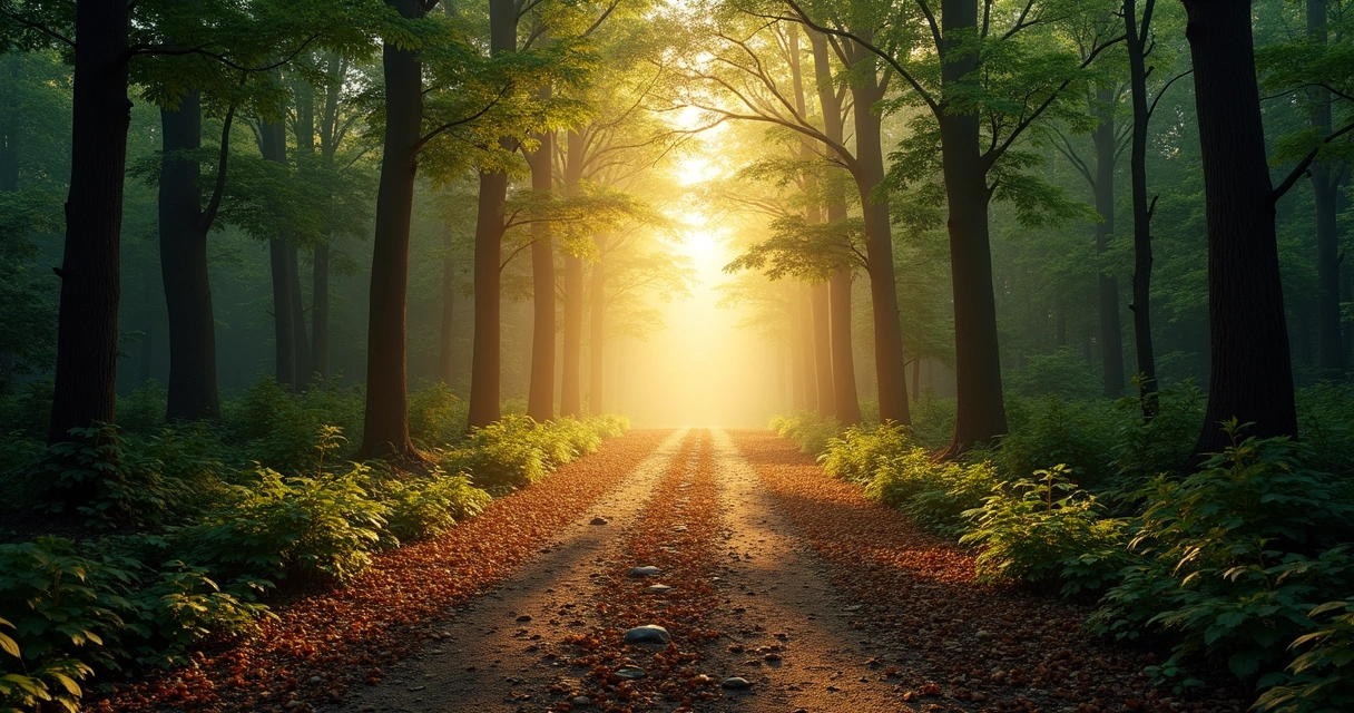 Camino con bifurcación en un bosque iluminado por la mañana