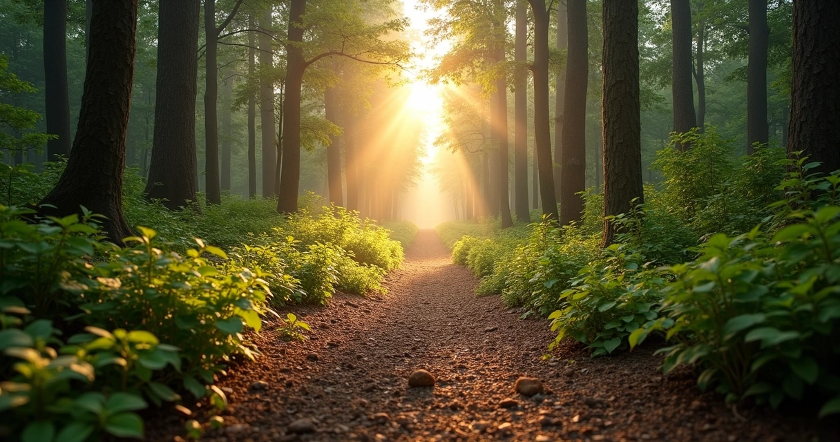Camino dividido en un bosque con luz al fondo 
