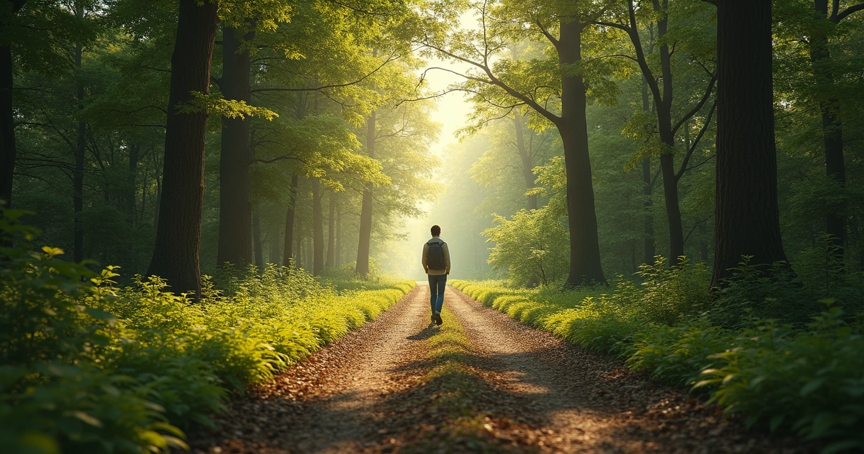 Camino dividido en un bosque con una persona detenida observando 