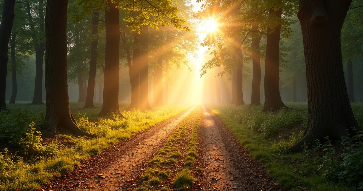 Camino con bifurcación en un bosque al amanecer 