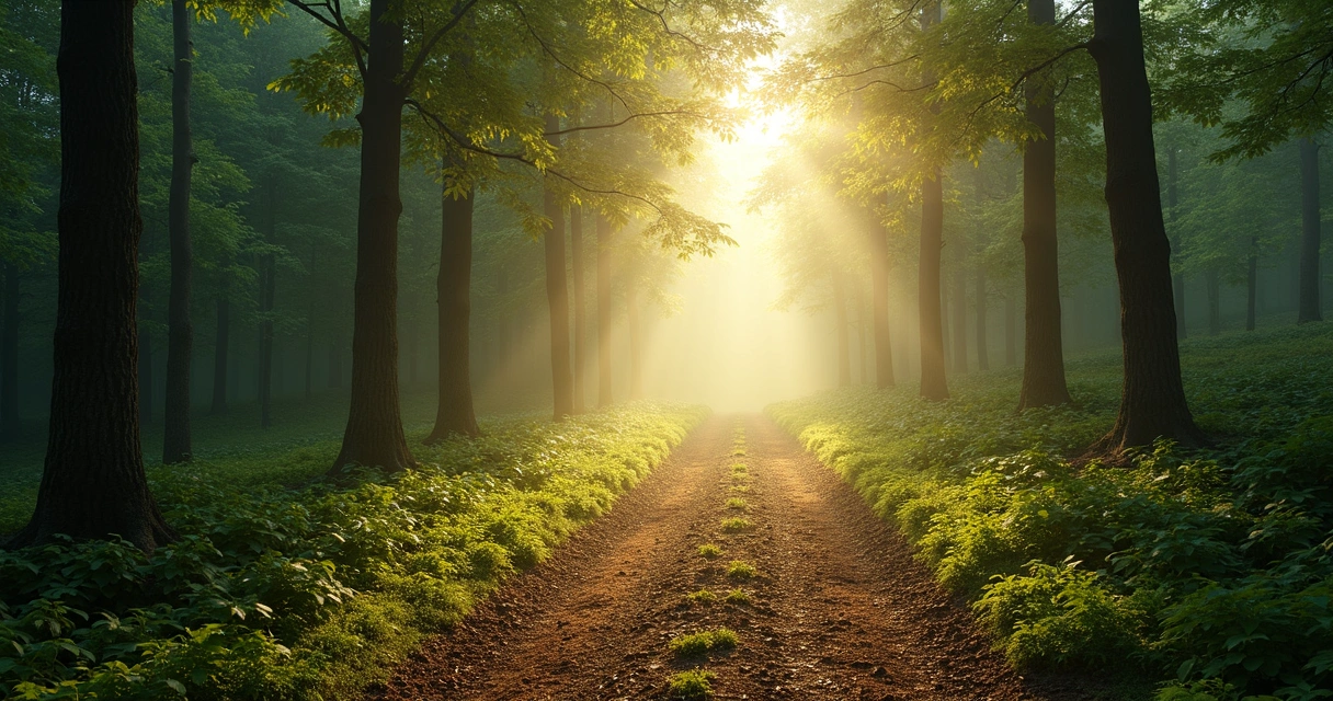 Camino dividido en un bosque iluminado por luz suave
