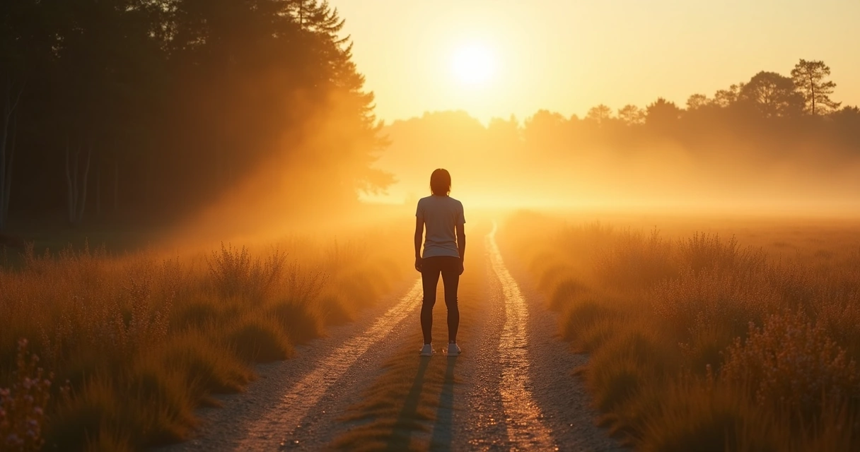 Persona frente a un camino con bifurcación en un entorno natural al amanecer