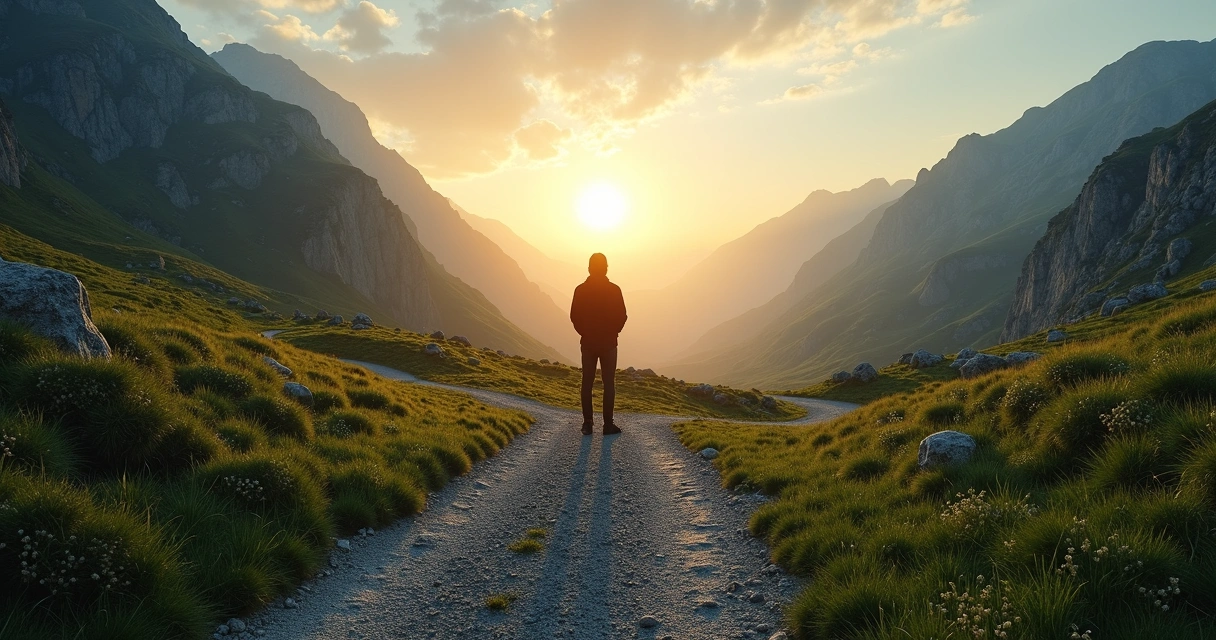 Persona de pie en una bifurcación de caminos en la montaña 