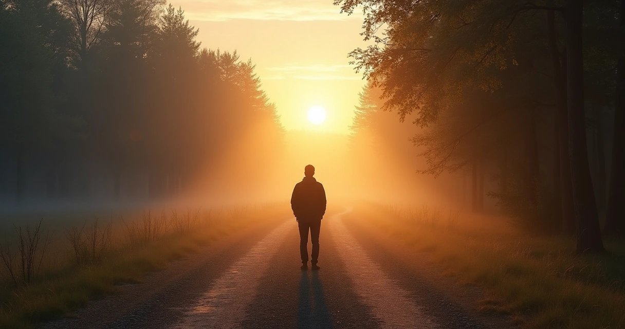 Persona frente a una bifurcación en un camino al amanecer 