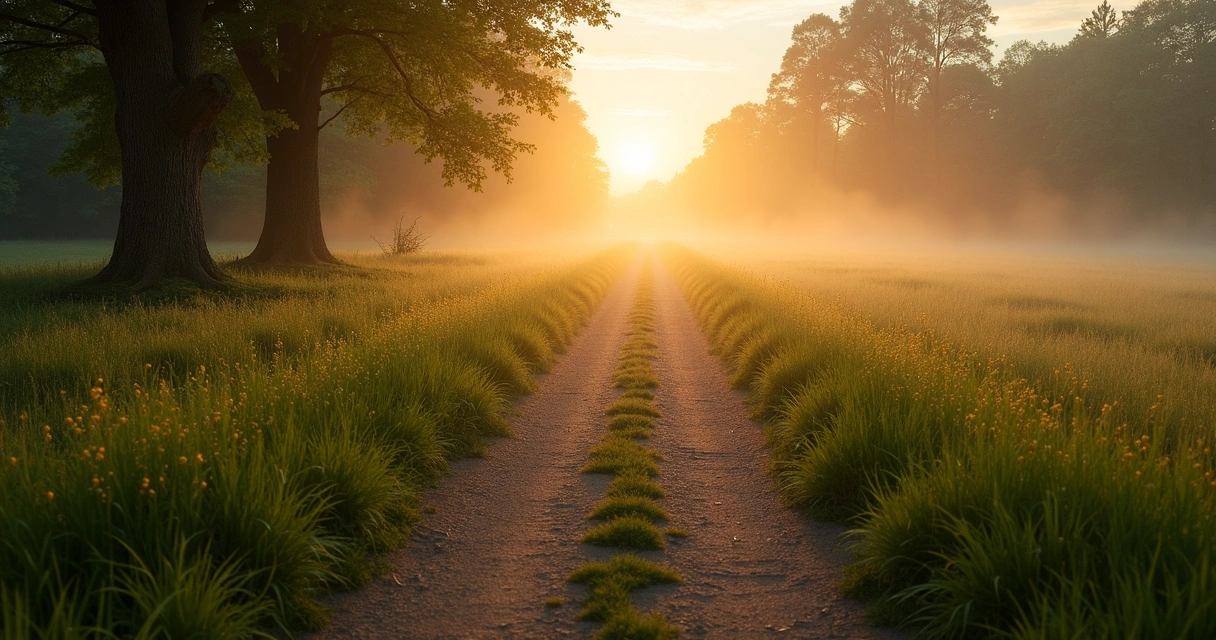 Camino con bifurcación en un paisaje sereno al amanecer 
