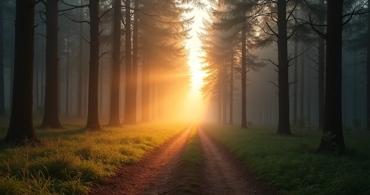 Camino dividido en dos direcciones al amanecer entre árboles 