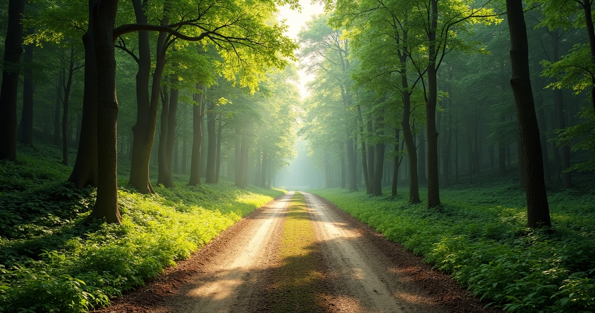 Camino bifurcado en un bosque soleado con luz atravesando los árboles 